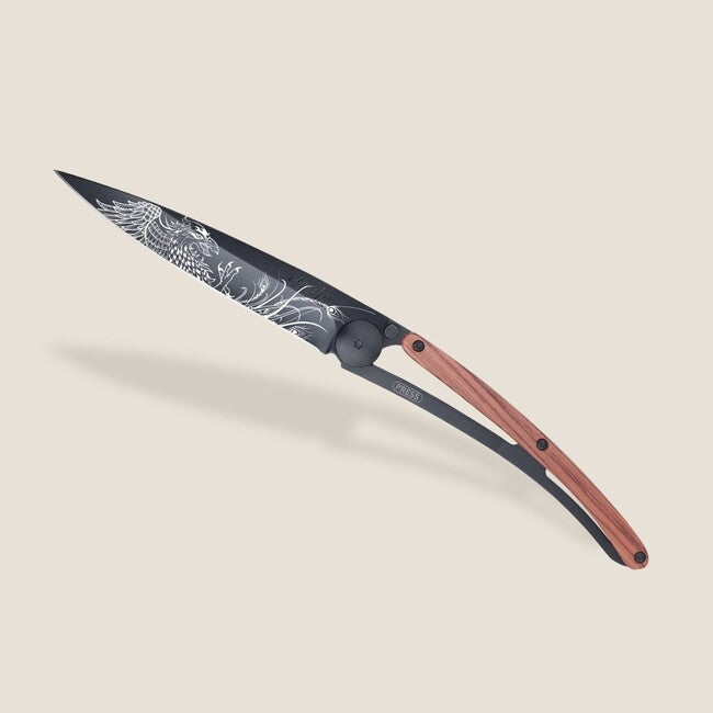 Deejo Tattoo Folding Knife, Black Coral Wood Phoenix