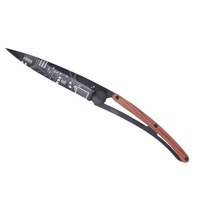 Deejo Tattoo Black Folding Knife Coralwood Circuit Board