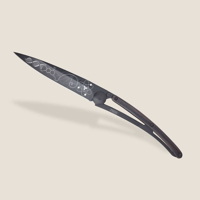 Deejo Tattoo Folding Knife, Black Ebony Wood Science