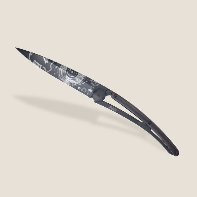 Deejo Tattoo Folding Knife, Black Ebony Wood Vinyl