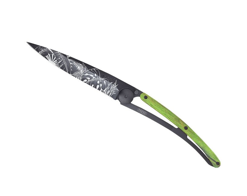 Deejo Tattoo Folding Knife, Black, Green Beech, Jungle