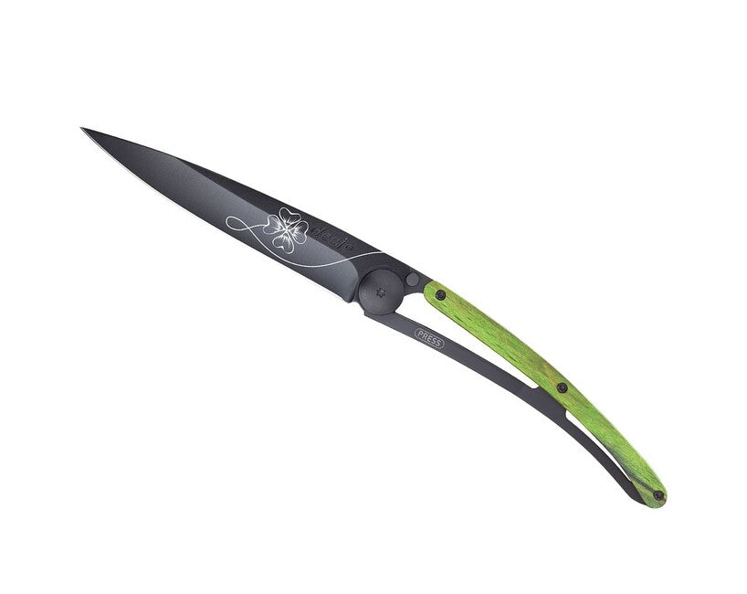 Deejo Tattoo Folding Knife, Black, Green Beech, Lucky Charm