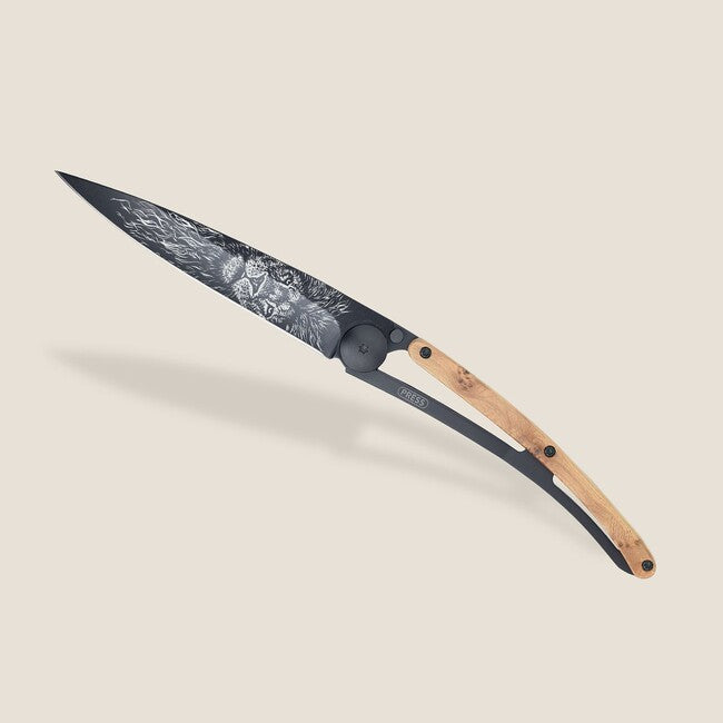 Deejo Tattoo Folding Knife, Black Juniper, Lion