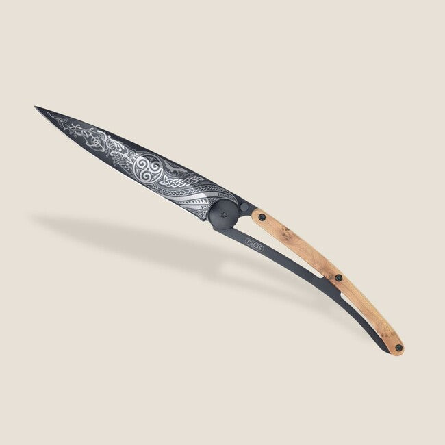 Deejo Tattoo Folding Knife, Black Juniper Wood, Celtic