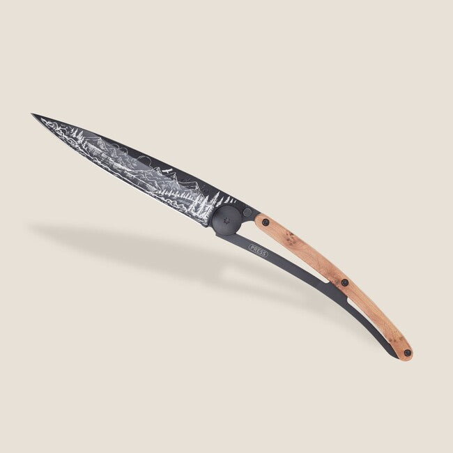 Deejo Tattoo Folding Knife, Black Juniper Wood, Mountain