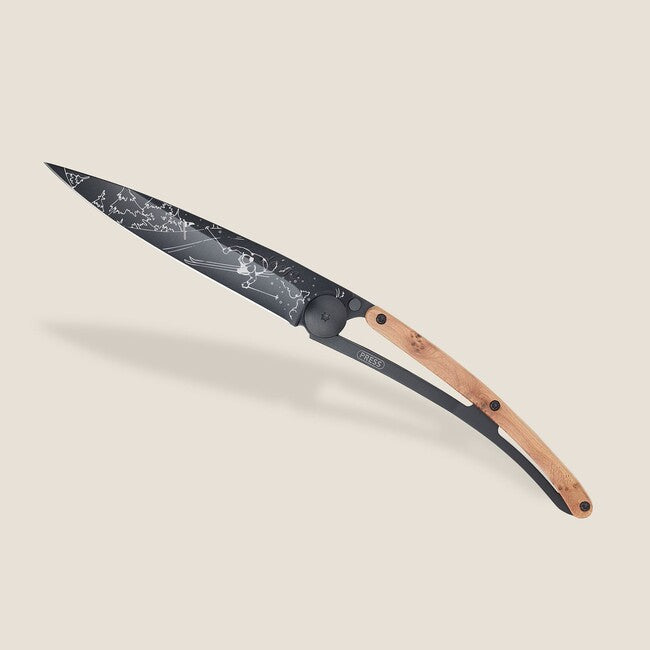 Deejo Tattoo Folding Knife, Black Juniper Wood, Ski