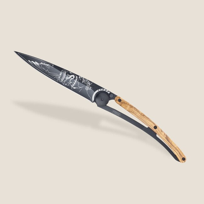 Deejo Tattoo Folding Knife, Black, Olive Wood, Aquarius