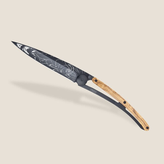 Deejo Tattoo Folding Knife, Black, Olive Wood, Aries