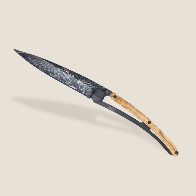 Deejo Tattoo Folding Knife, Black Olive Wood Cancer