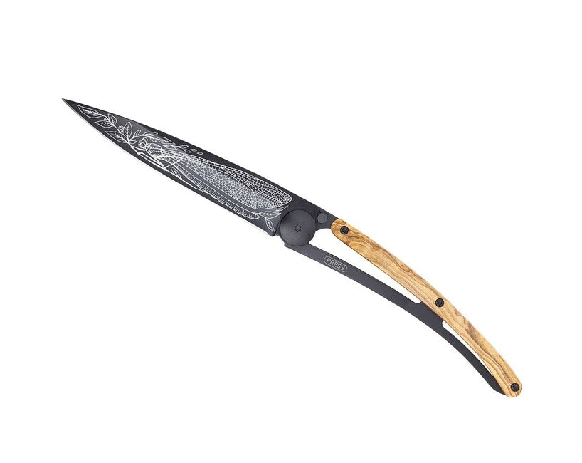 Deejo Tattoo Folding Knife, Black Olive Wood Dragonfly