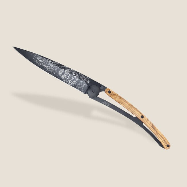 Deejo Tattoo Folding Knife, Black, Olive Wood, Leo