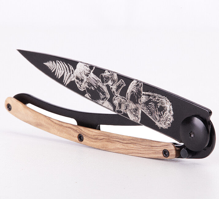 Deejo Tattoo Folding Knife, Black, Olive Wood, Mushroom