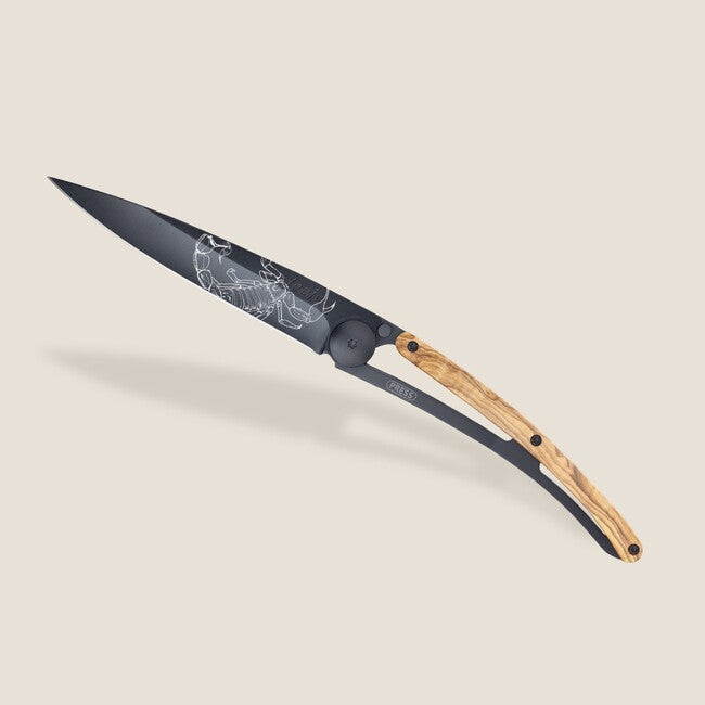 Deejo Tattoo Folding Knife, Black Olive Wood, Scorpio