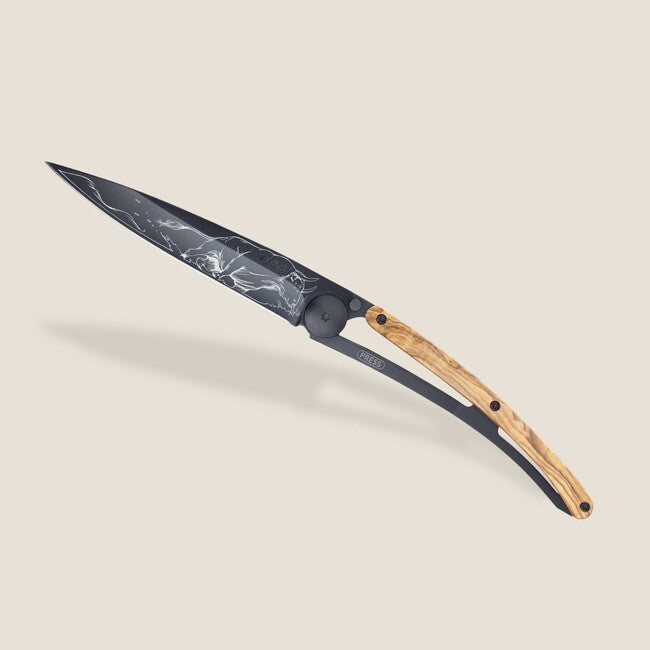 Deejo Tattoo Folding Knife, Black, Olive Wood, Taurus