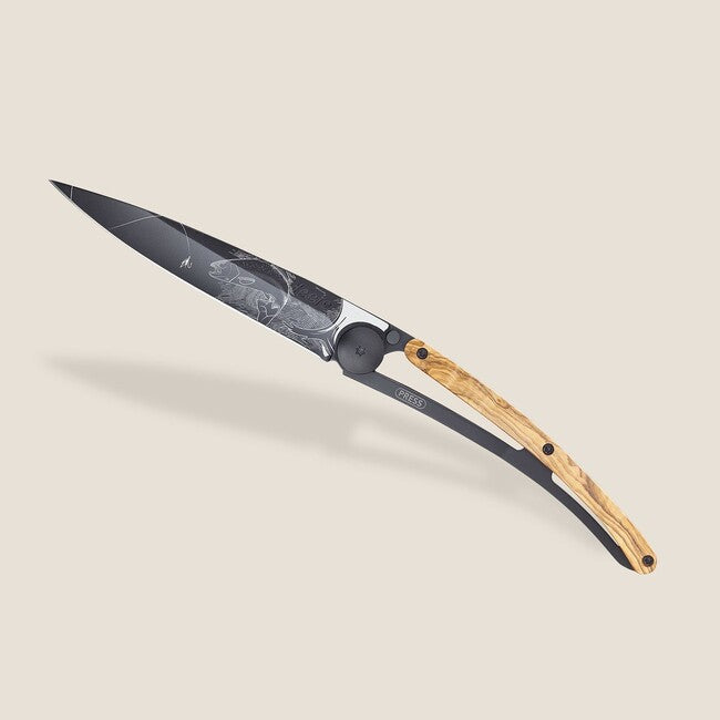 Deejo Tattoo Folding Knife, Black Olive Wood Trout
