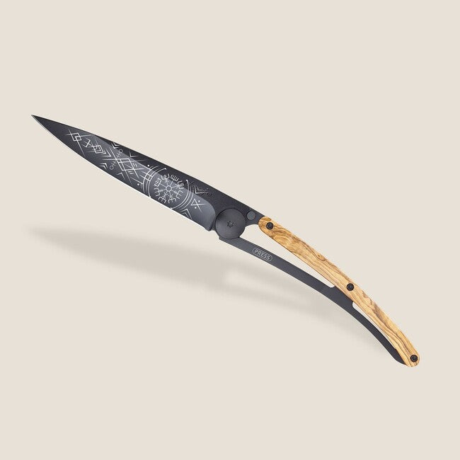 Deejo Tattoo Folding Knife, Black Olive Wood, Viking Vegvisir