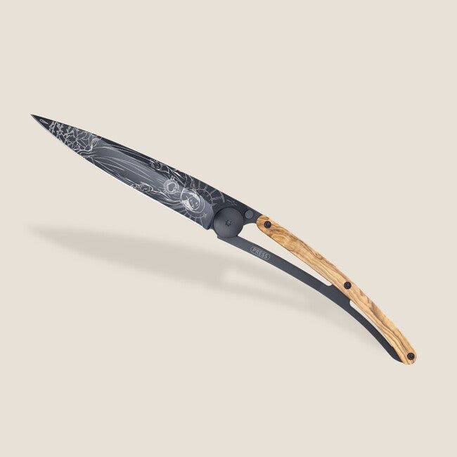 Deejo Tattoo Folding Knife Black Olive Wood Virgo