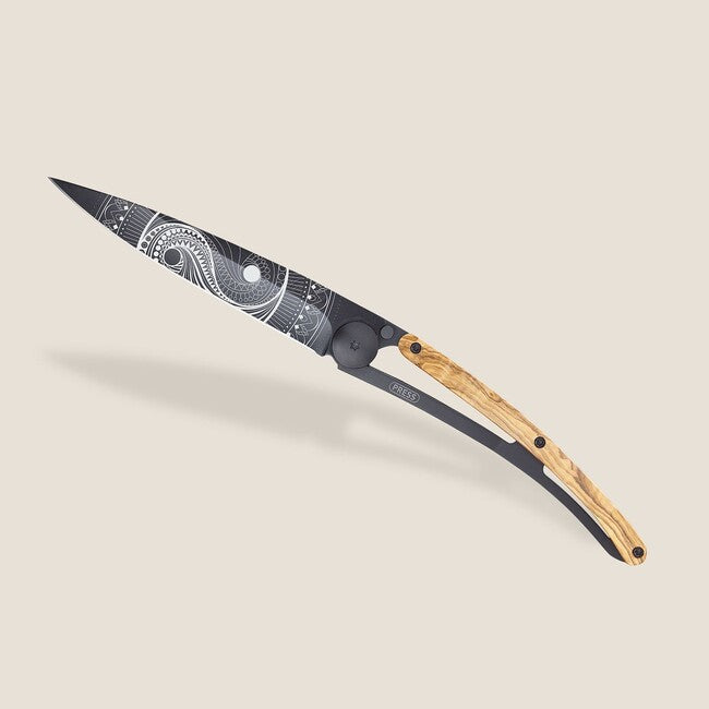 Deejo Tattoo Folding Knife, Black, Olive Wood, Yin Yang