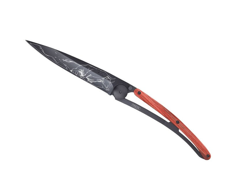 Deejo Tattoo Bull Folding Knife, Black/Red Beech