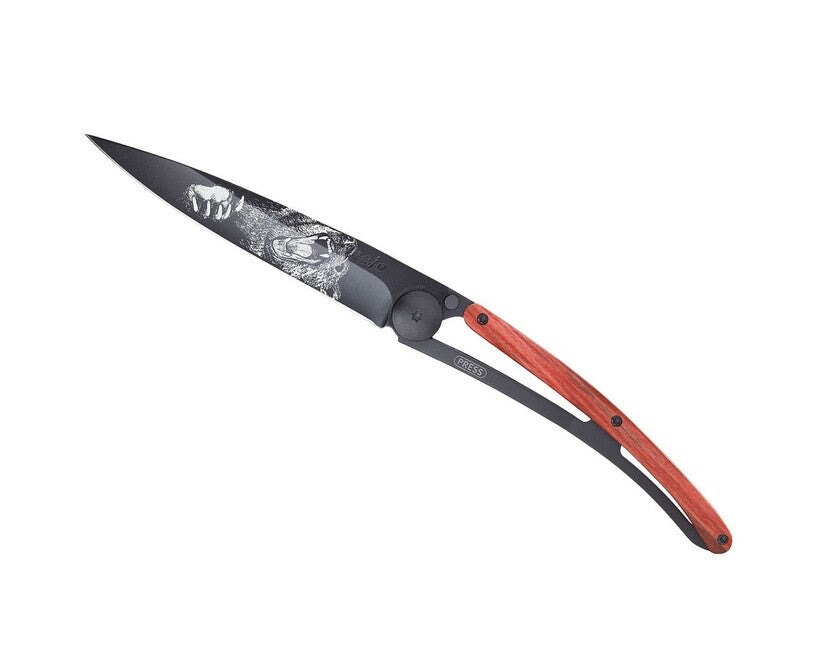 Deejo Tattoo Folding Knife, Black Red Beech Grizzly