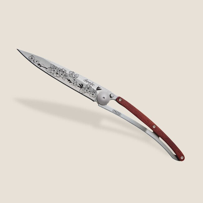 Deejo Tattoo Cherry Blossom Folding Knife, Coralwood