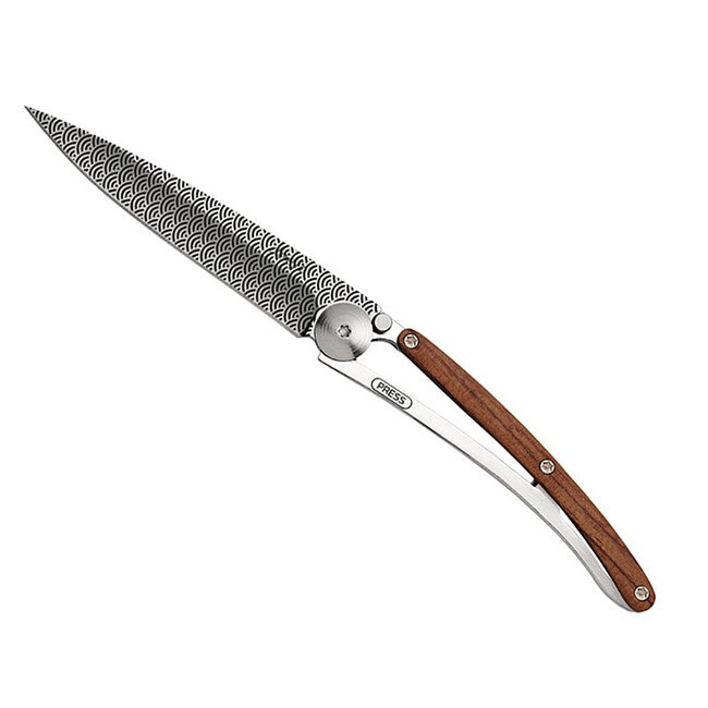 Deejo Tattoo Folding Knife, Coralwood Clouds
