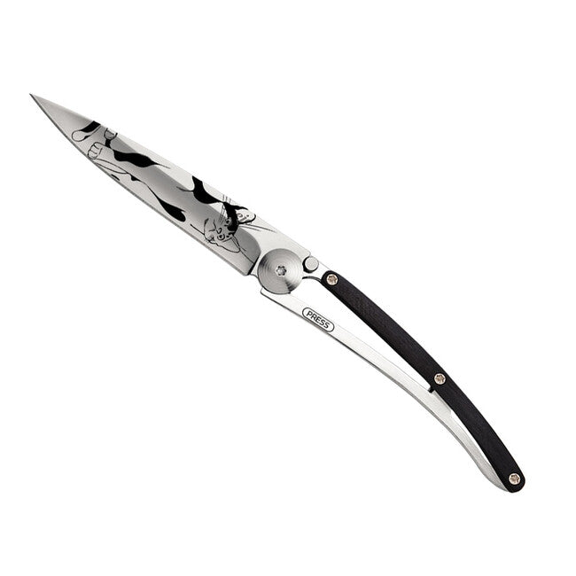 Deejo Tattoo Folding Knife, Ebony Wood, Cat