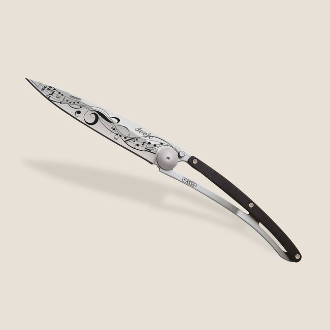 Deejo Tattoo Folding Knife Ebony Wood Partition
