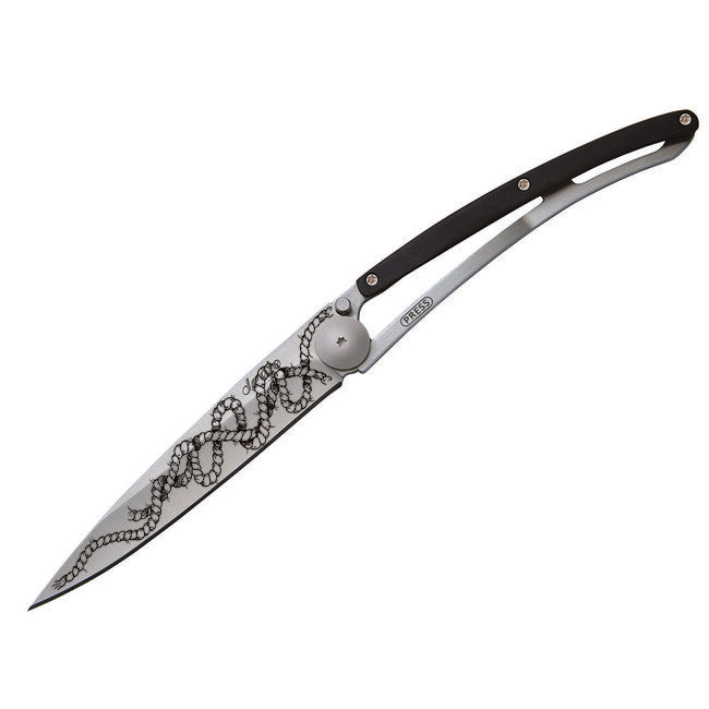 Deejo Tattoo Folding Knife, Ebony Wood, Rope