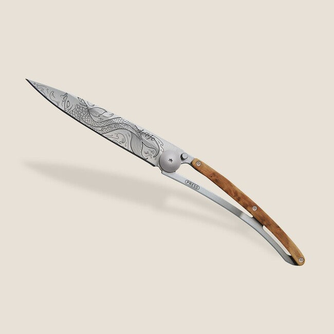 Deejo Tattoo Fish Folding Knife, Juniper