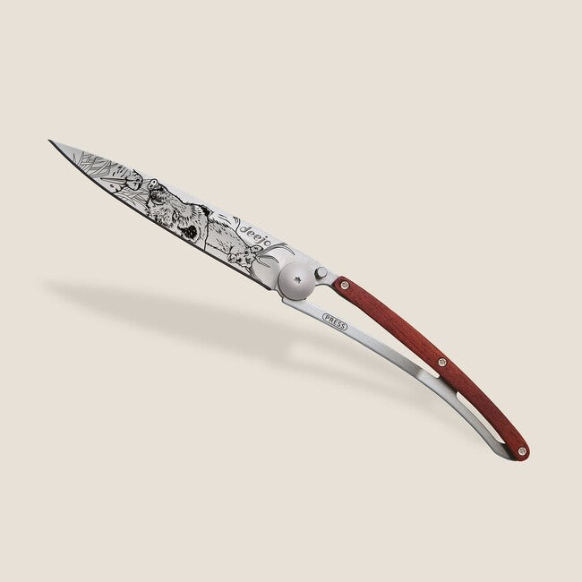Deejo Tattoo Hunting Folding Knife, Coralwood