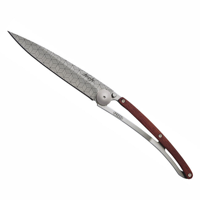 Deejo Tattoo Illusion Folding Knife, Coralwood