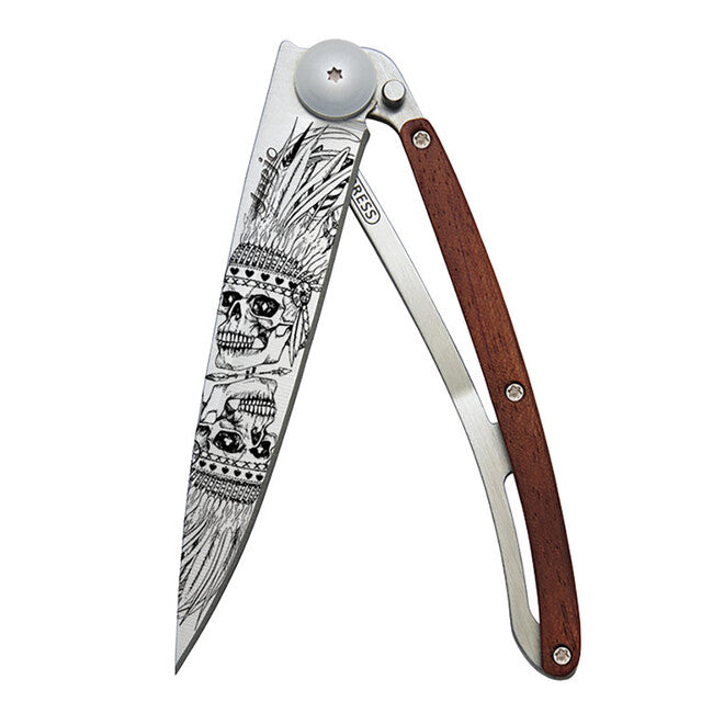 Deejo Tattoo Indian Skull Folding Knife, Coral Wood