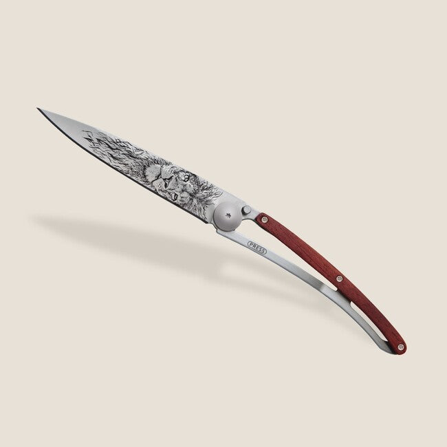 Deejo Tattoo Lion Folding Knife, Coralwood