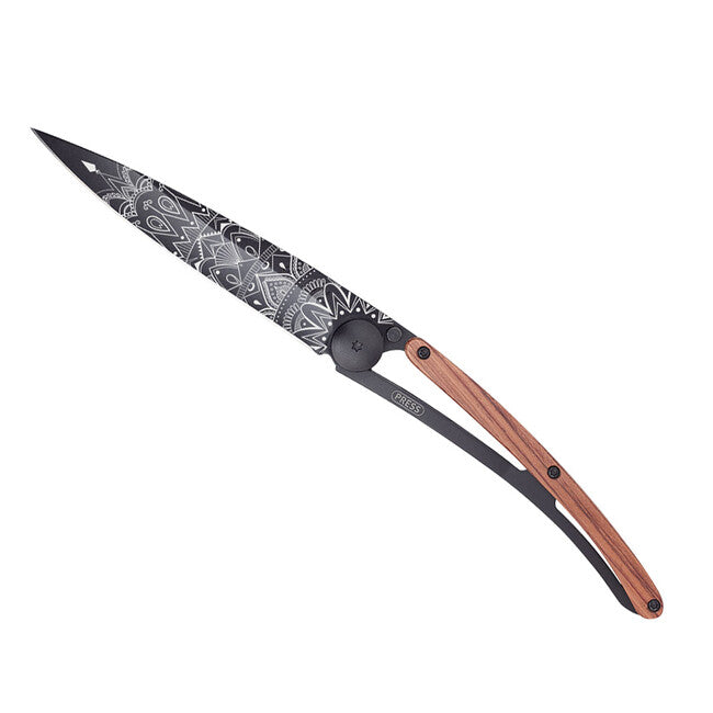 Deejo Tattoo Mandala Folding Knife, Black Coralwood