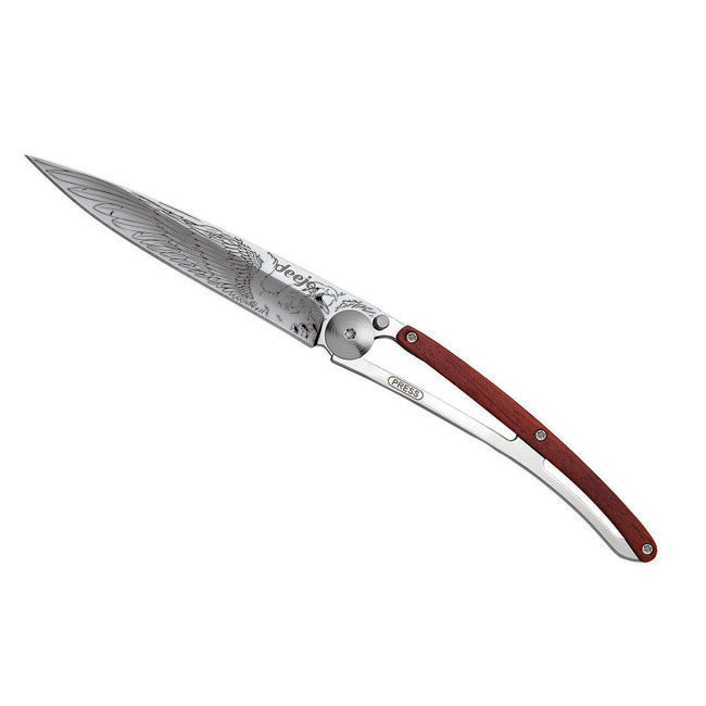 Deejo Tattoo Mirror Folding Knife, Coralwood Eagle