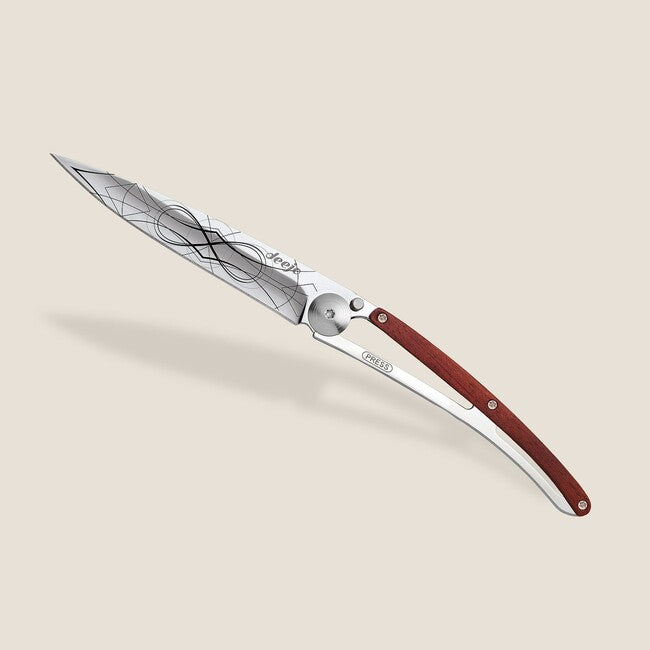 Deejo Tattoo Mirror Folding Knife, Coralwood Infinity