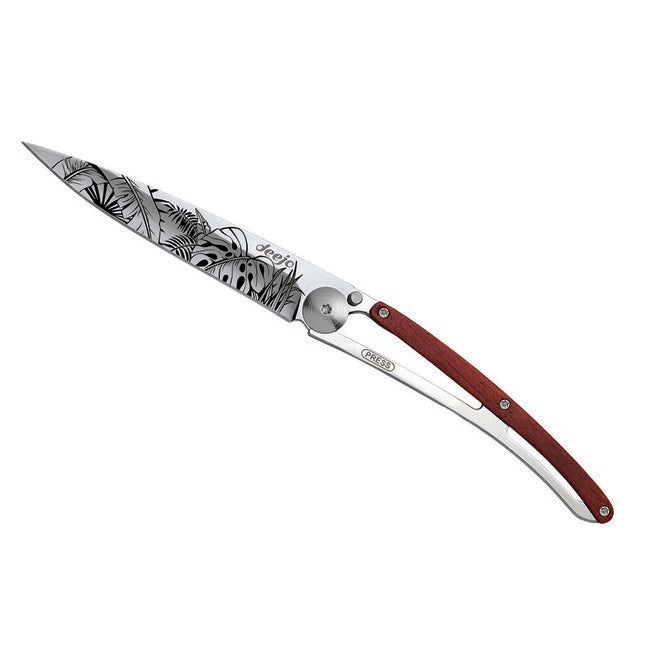 Deejo Tattoo Mirror Folding Knife, Coralwood Jungle