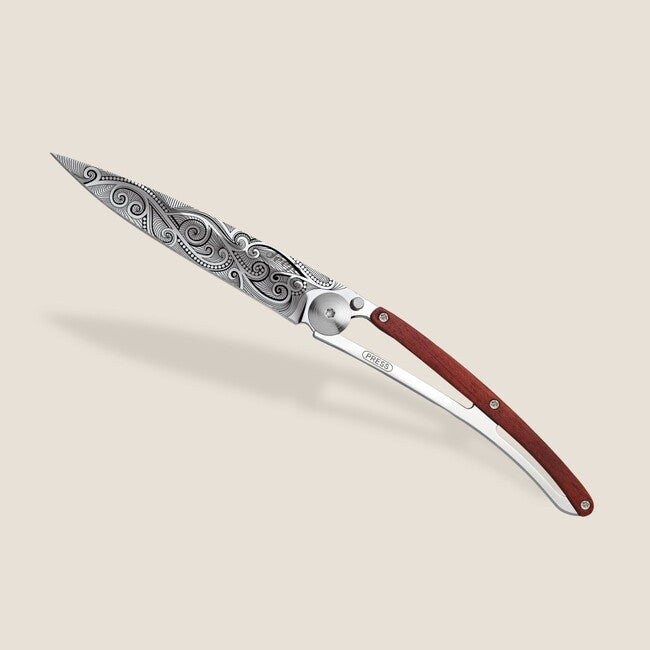 Deejo Tattoo Mirror Folding Knife, Coralwood Pacific