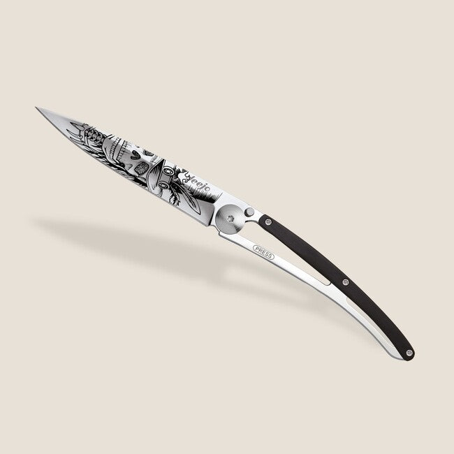 Deejo Tattoo Mirror Folding Knife, Ebony Wood, Dandy Skull