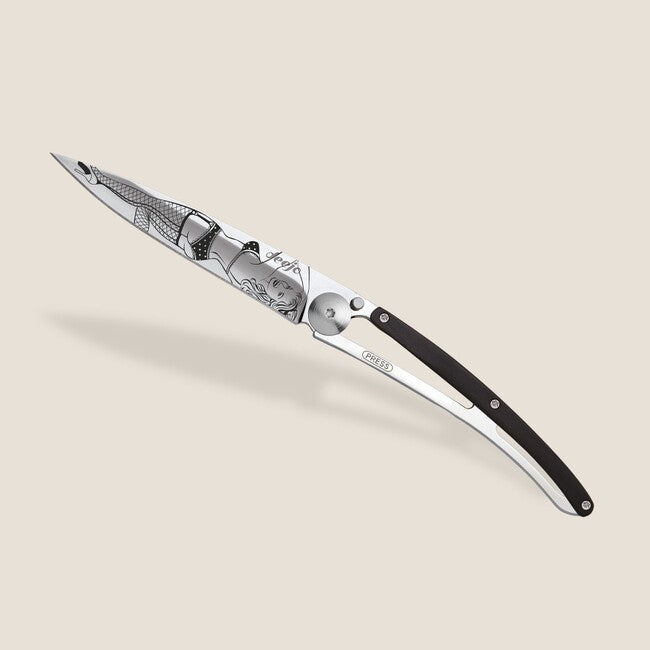 Deejo Tattoo Mirror Folding Knife, Ebony Wood Pin Up