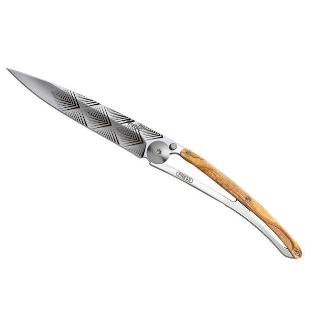 Deejo Tattoo Mirror Folding Knife, Olive Wood, Art Deco