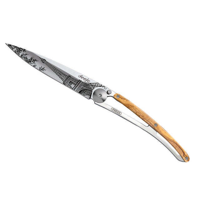 Deejo Tattoo Mirror Folding Knife, Olive Wood, Eiffel Tower