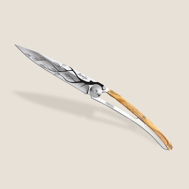 Deejo Tattoo Mirror Folding Knife, Olive Wood Tree