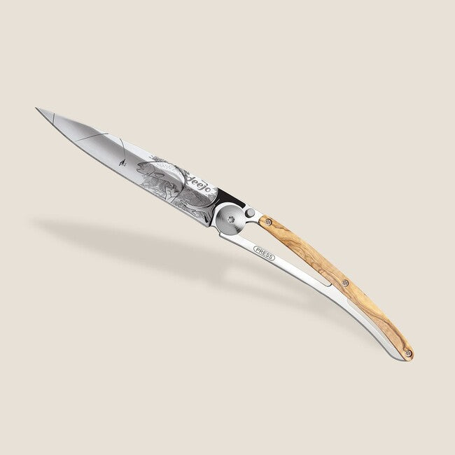 Deejo Tattoo Mirror Folding Knife, Olive Wood, Trout