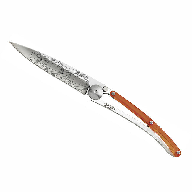 Deejo Tattoo Folding Knife, Orange Symmetry