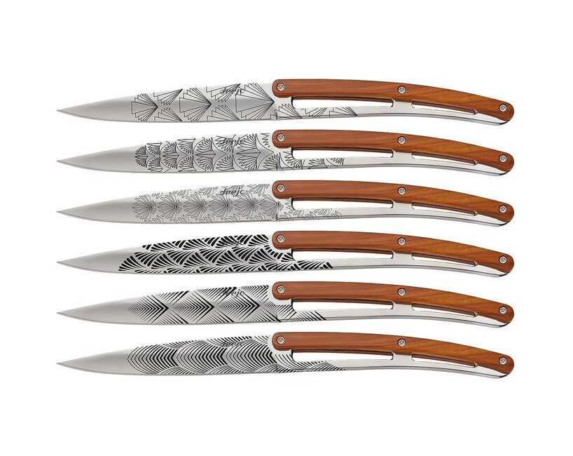 Deejo Tattoo 6-Piece Steak Knives Set, Polished Finish, Coralwood, Art Deco Design