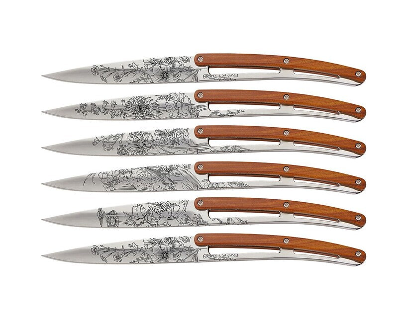 Deejo Tattoo Set of 6 Steak Knives Polished Finish Coralwood Blossom Design