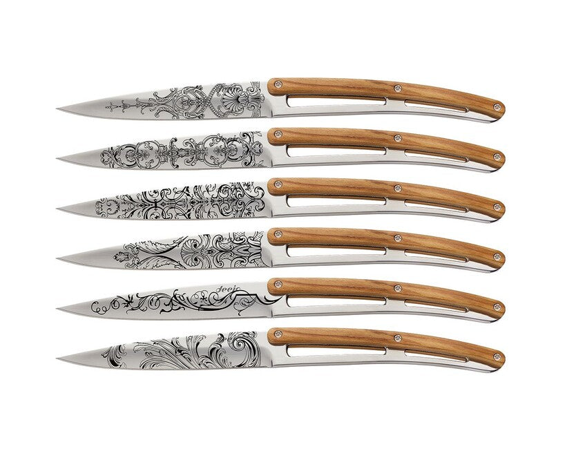 Deejo Tattoo Grand Siecle Steak Knife Set 6pcs, Polished Finish, Olive Wood