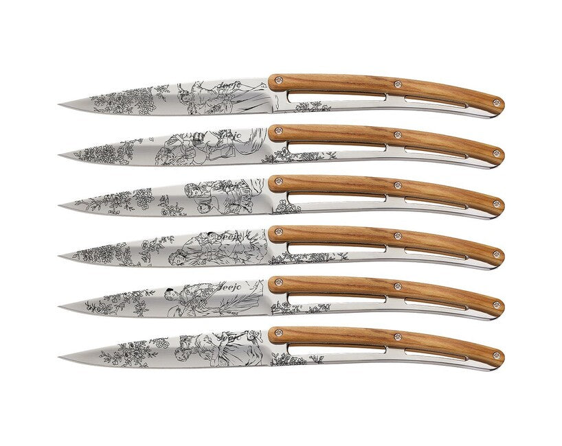 Deejo Tattoo Set of 6 Steak Knives, Polished Surface, Olive Wood, Toile de Jouy